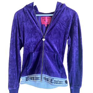 Born Famous Couture Zip Hoodie Womens Sz M "My First Love" Velour Jacket Purple